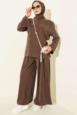 Shoulder Padded Waist-Drawstring Synthetic Two-Piece Set Brown