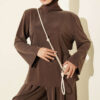 Shoulder Padded Waist-Drawstring Synthetic Two-Piece Set Brown - immagine 2