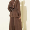 Shoulder Padded Waist-Drawstring Synthetic Two-Piece Set Brown - immagine 3