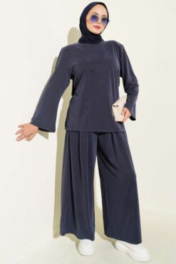 Shoulder Padded Waist-Drawstring Synthetic Two-Piece Set Navy Blue