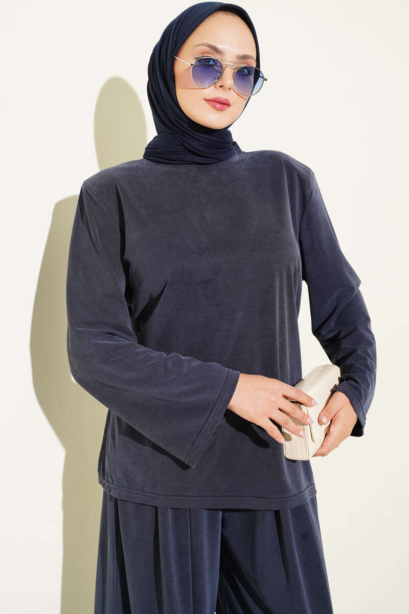 Shoulder Padded Waist-Drawstring Synthetic Two-Piece Set Navy Blue - Imagen 2