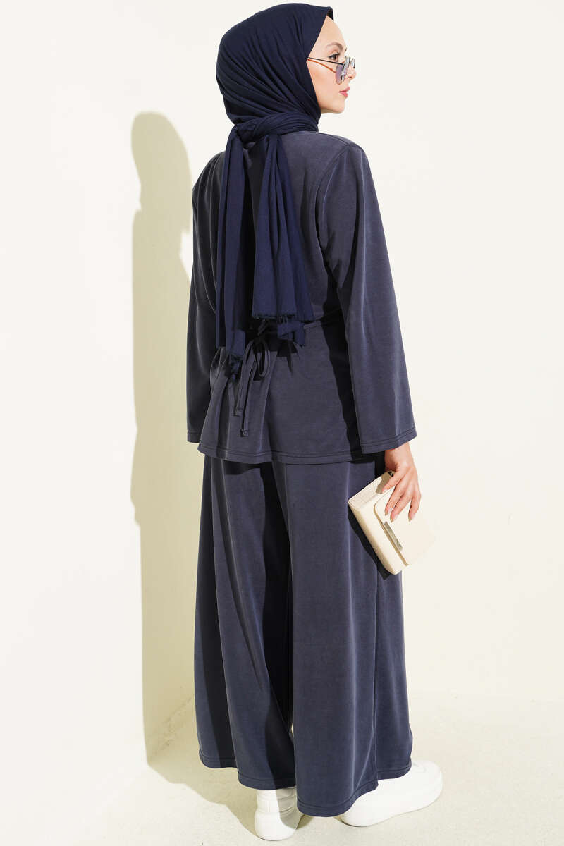 Shoulder Padded Waist-Drawstring Synthetic Two-Piece Set Navy Blue - Imagen 3