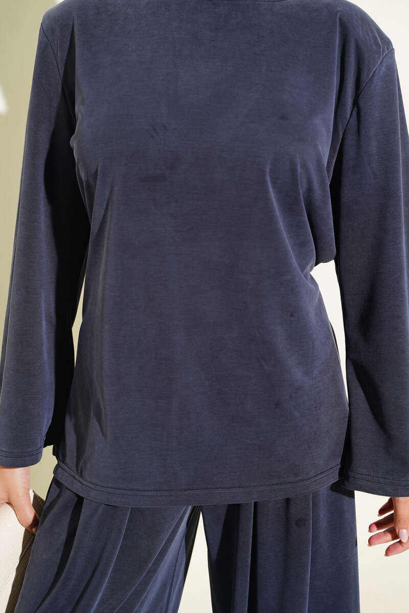 Shoulder Padded Waist-Drawstring Synthetic Two-Piece Set Navy Blue - Imagen 4