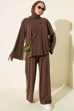 Shoulder Raglan Loose Fit Two-Piece Set Brown