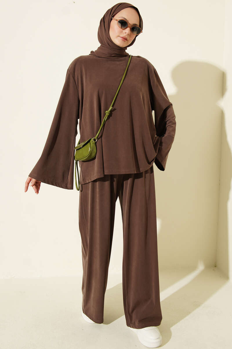 Shoulder Raglan Loose Fit Two-Piece Set Brown