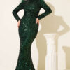 Feathered Sequin Evening Dress Emerald