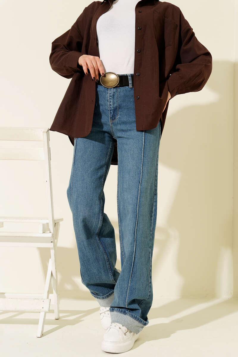 Front Seamed Palazzo Denim Pants Light Blue