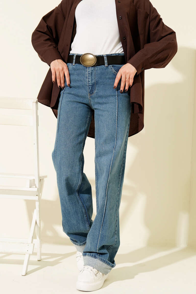 Front Seamed Palazzo Denim Pants Light Blue - الصورة 2
