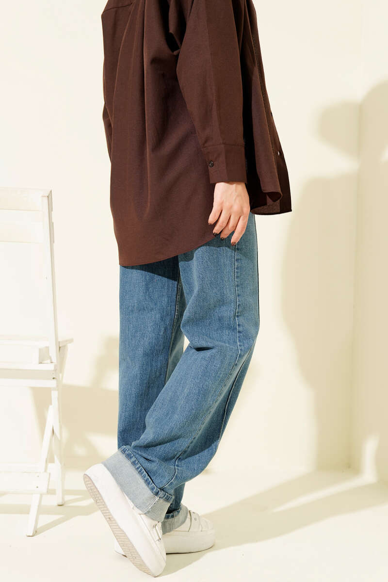 Front Seamed Palazzo Denim Pants Light Blue - الصورة 3