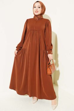 Drawstring Front Zippered Dress Brown