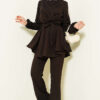 Cross Front Belted Two-Piece Set Dark Brown