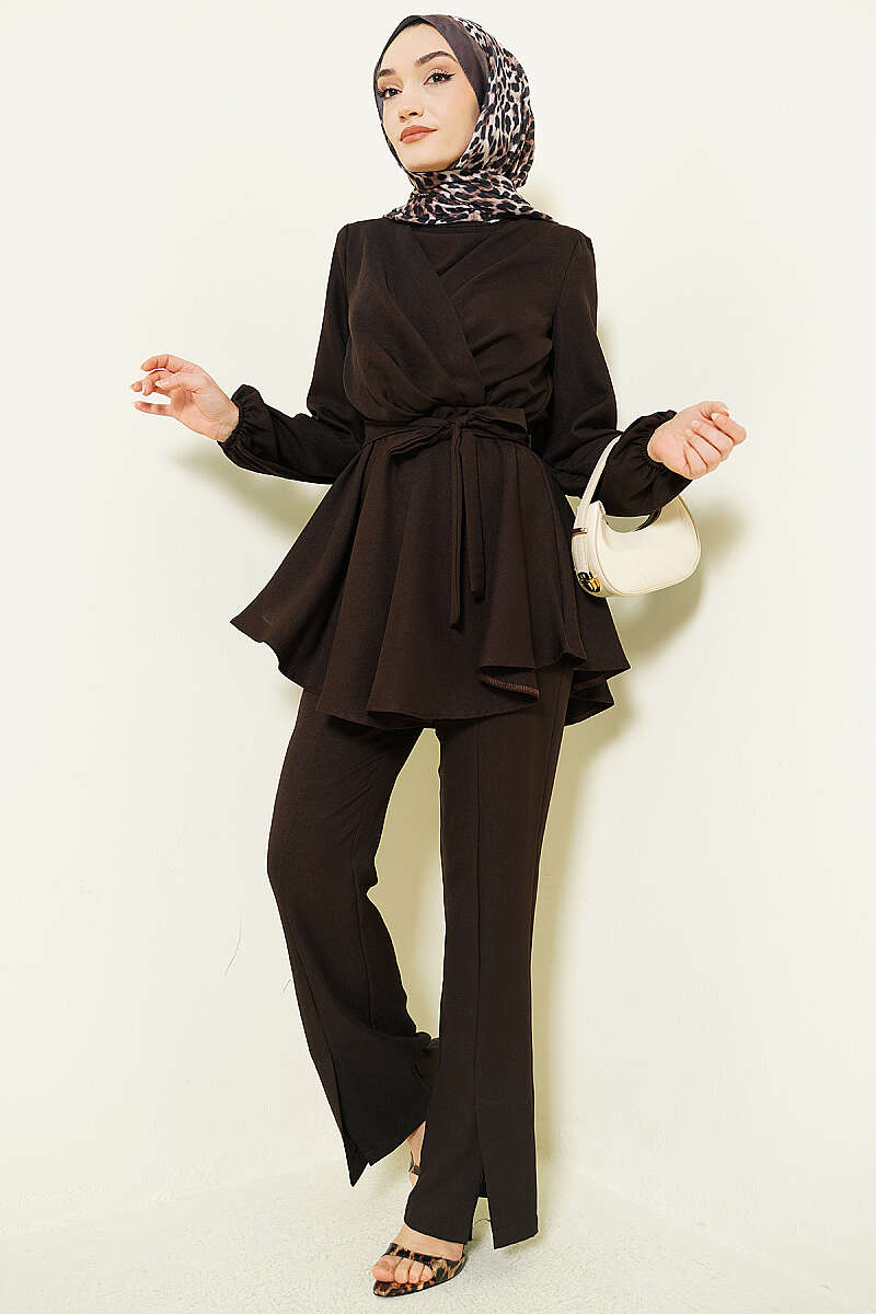 Cross Front Belted Two-Piece Set Dark Brown