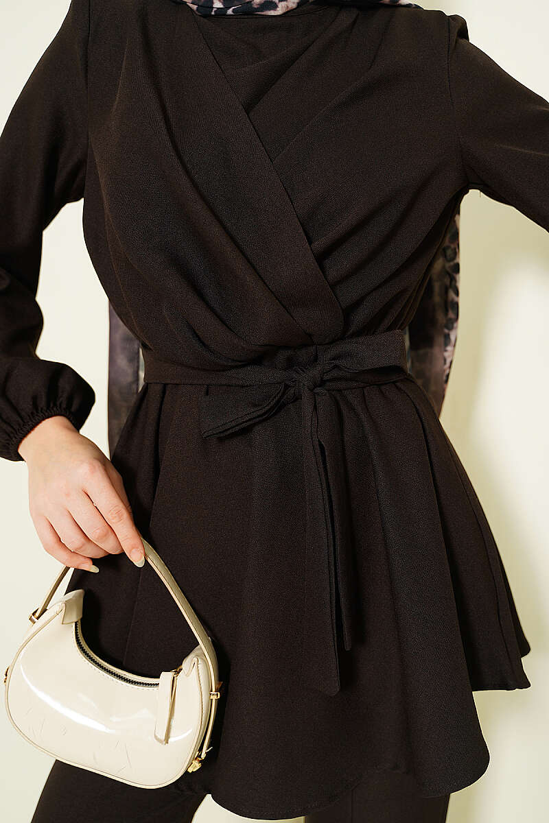 Cross Front Belted Two-Piece Set Dark Brown - immagine 4
