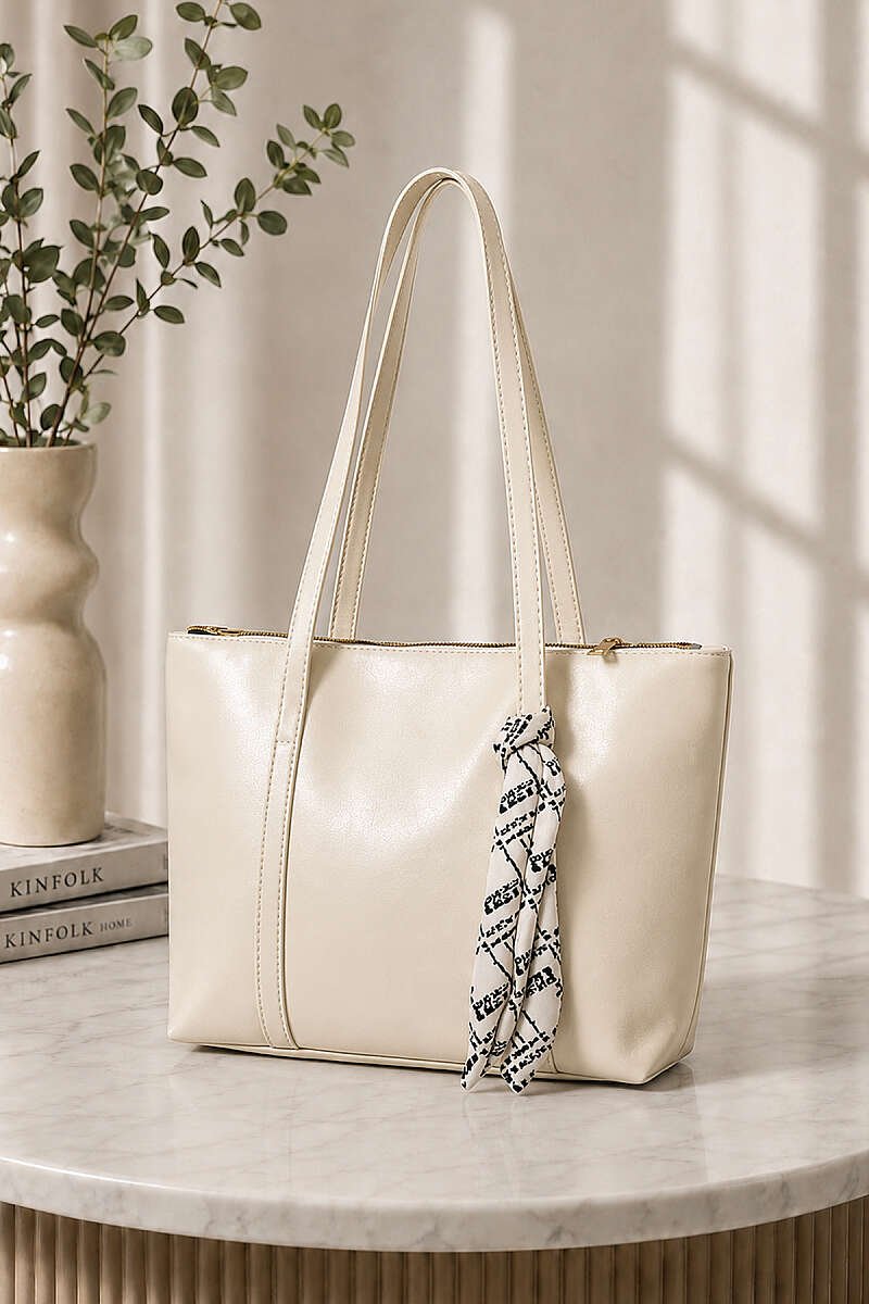 Front Pocket Scarf Detail Shoulder Bag Cream