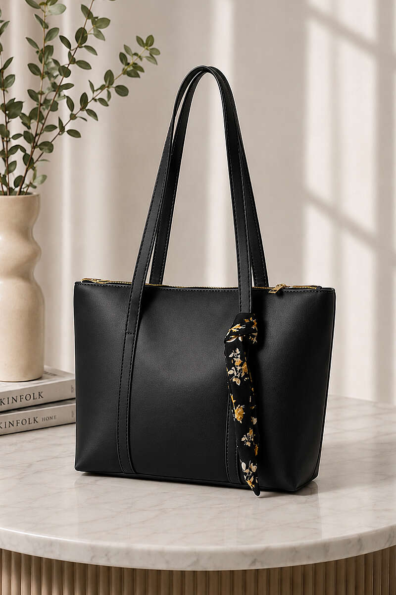 Front Pocket Scarf Detail Shoulder Bag Black