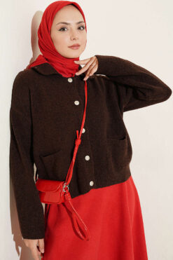 Front-Buttoned Gold-Buttoned Knit Cardigan with Pocket Brown