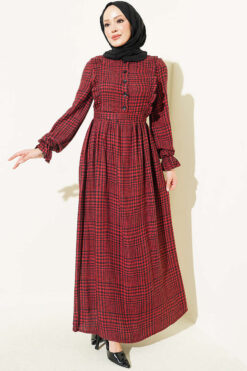 Ruffled Front Detail Checkered Dress Burgundy
