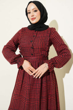 Alternative view of Ruffled Front Detail Checkered Dress Burgundy