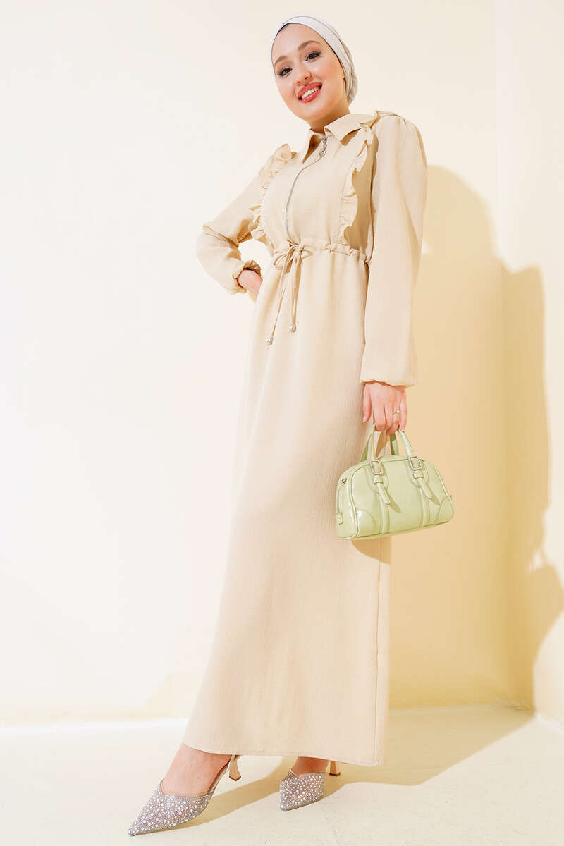 Ruffled Front Zipper Dress Sand Beige - الصورة 5
