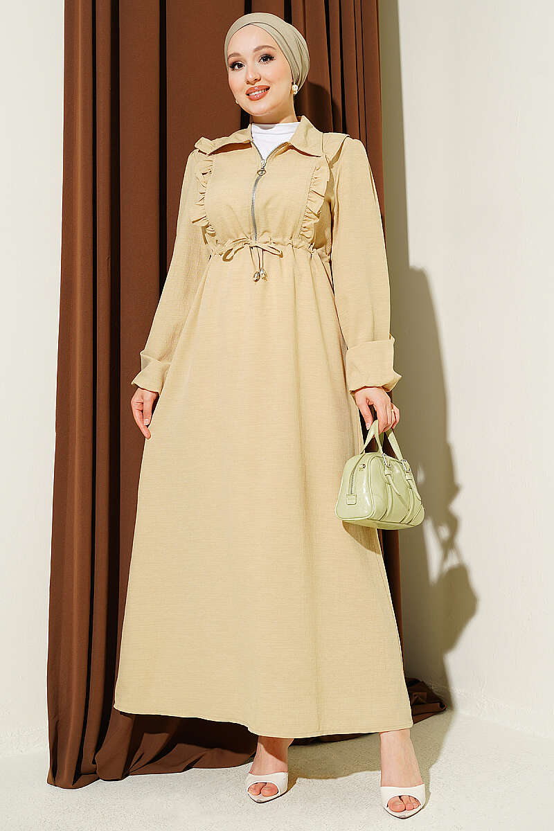 Ruffled Front Zipper Dress Sand Beige