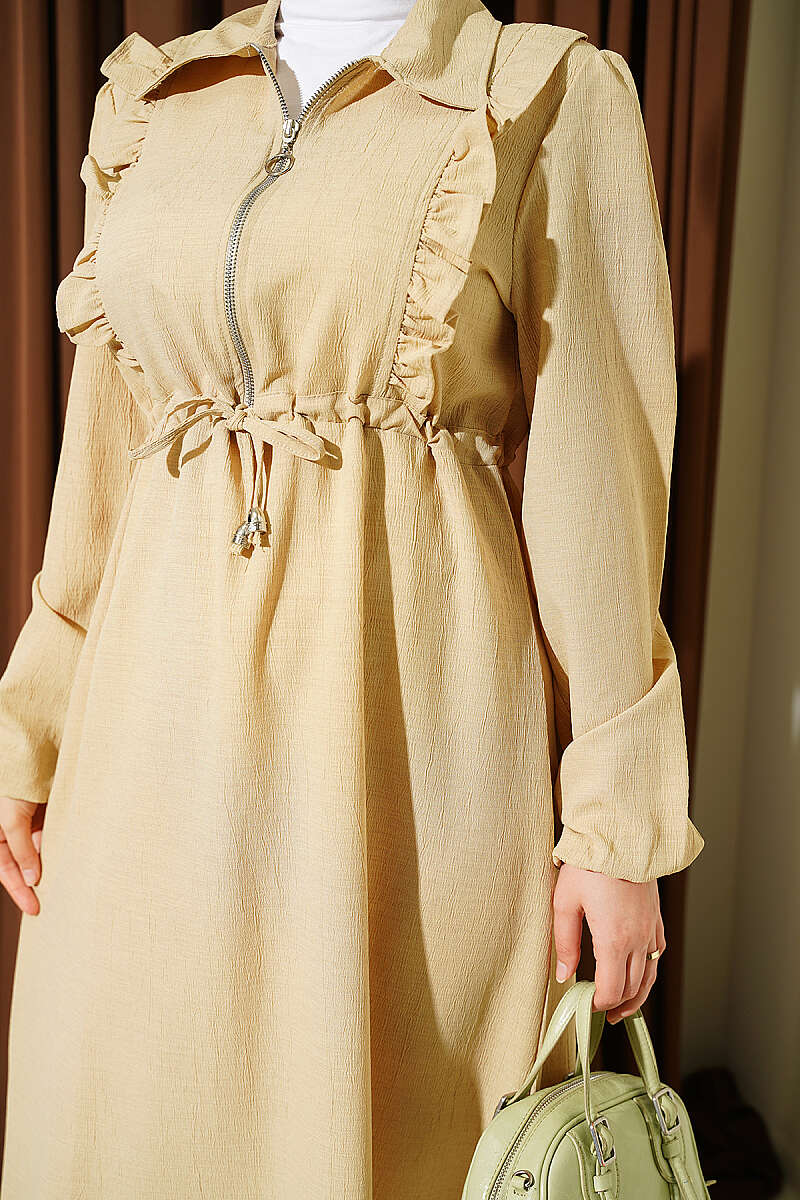 Ruffled Front Zipper Dress Sand Beige - الصورة 4