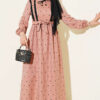 Ruffled Front Leaf Print Dress Beige