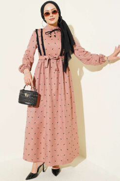 Ruffled Front Leaf Print Dress Beige