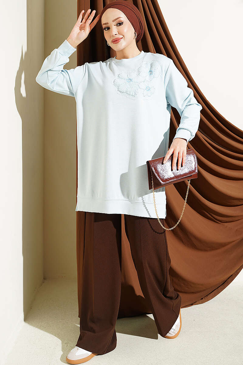 Front-Embellished Rose Appliqué French Terry Tunic Baby Blue - Image 2