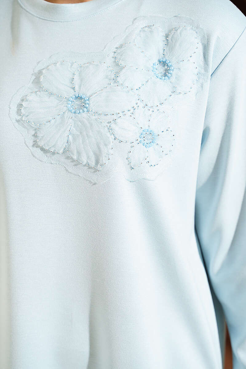 Front-Embellished Rose Appliqué French Terry Tunic Baby Blue - Image 4