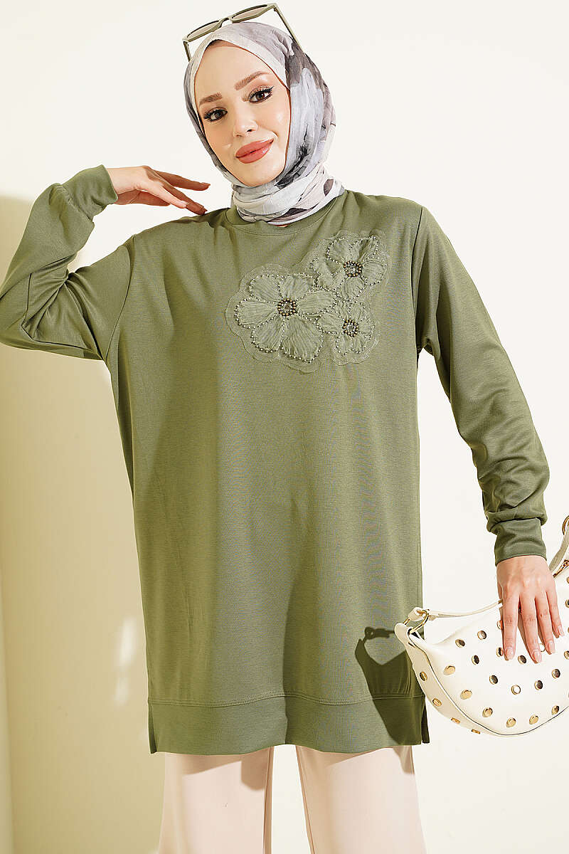 Front-Embellished Rose Appliqué French Terry Tunic Khaki