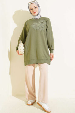 Alternative view of Front-Embellished Rose Appliqué French Terry Tunic Khaki