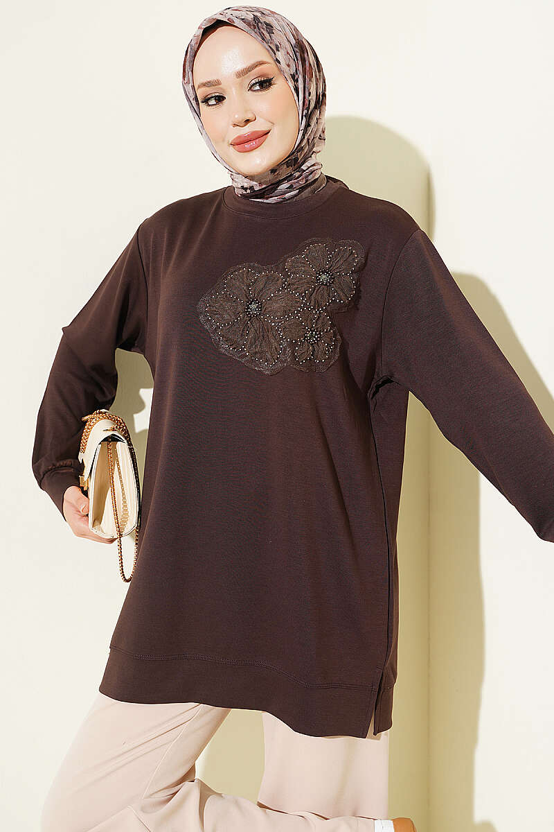 Front-Embellished Rose Appliqué French Terry Tunic Brown