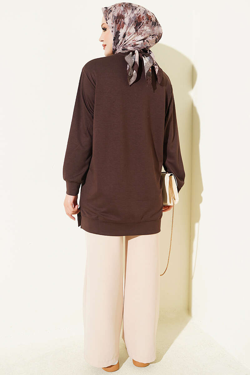 Front-Embellished Rose Appliqué French Terry Tunic Brown - Imagen 3