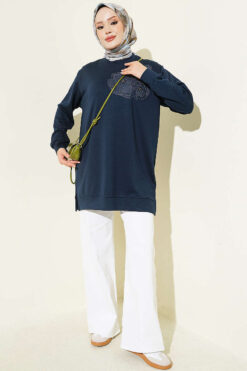 Alternative view of Front-Embellished Rose Appliqué French Terry Tunic Navy Blue