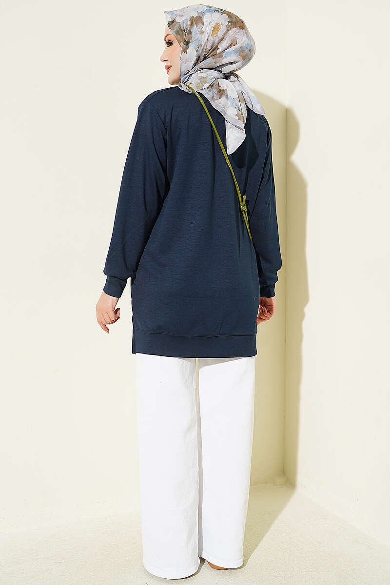 Front-Embellished Rose Appliqué French Terry Tunic Navy Blue - Image 3