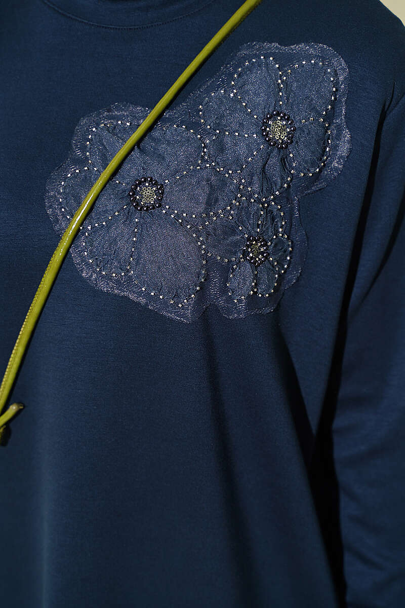 Front-Embellished Rose Appliqué French Terry Tunic Navy Blue - Image 4
