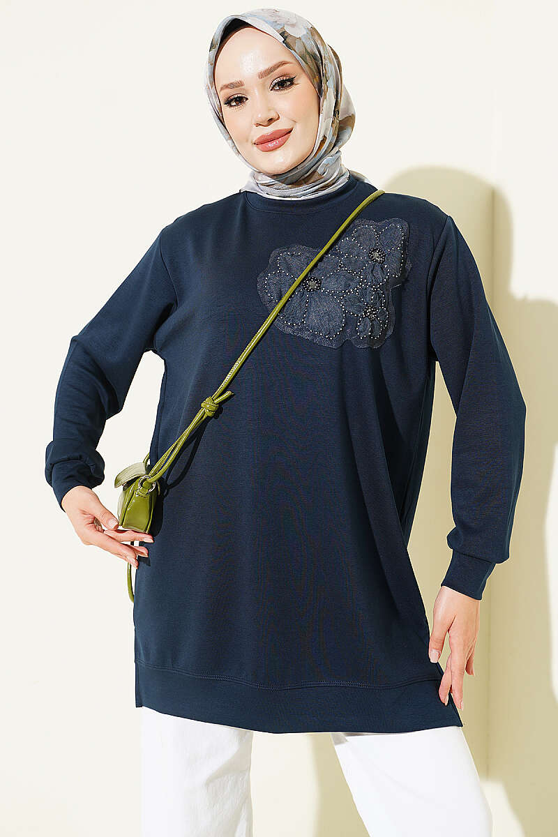 Front-Embellished Rose Appliqué French Terry Tunic Navy Blue