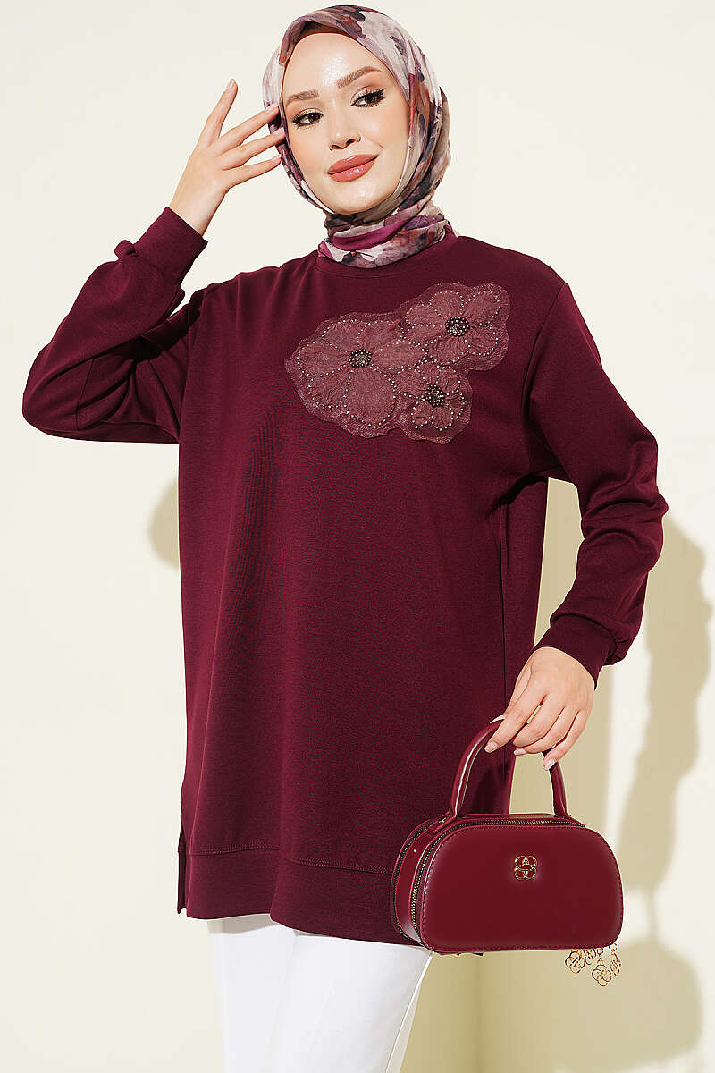 Front-Embellished Rose Appliqué French Terry Tunic Plum