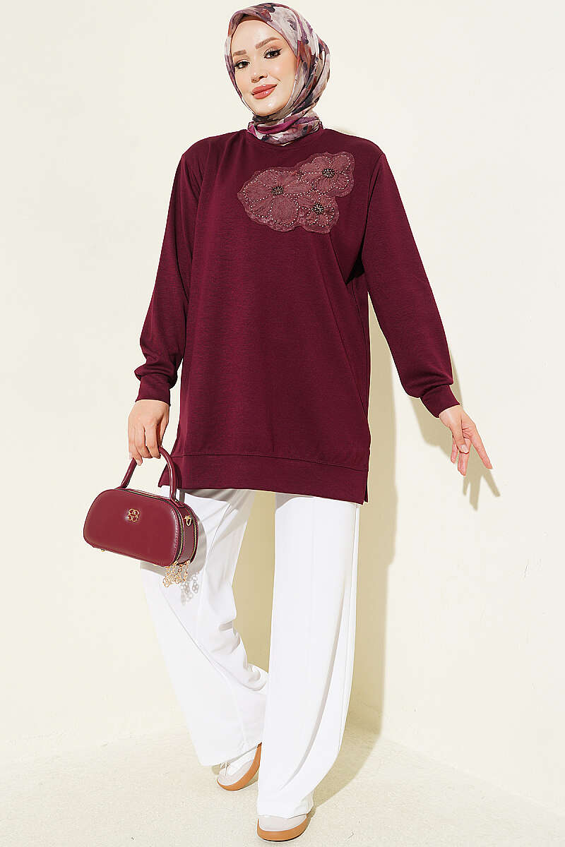 Front-Embellished Rose Appliqué French Terry Tunic Plum – Bild 2