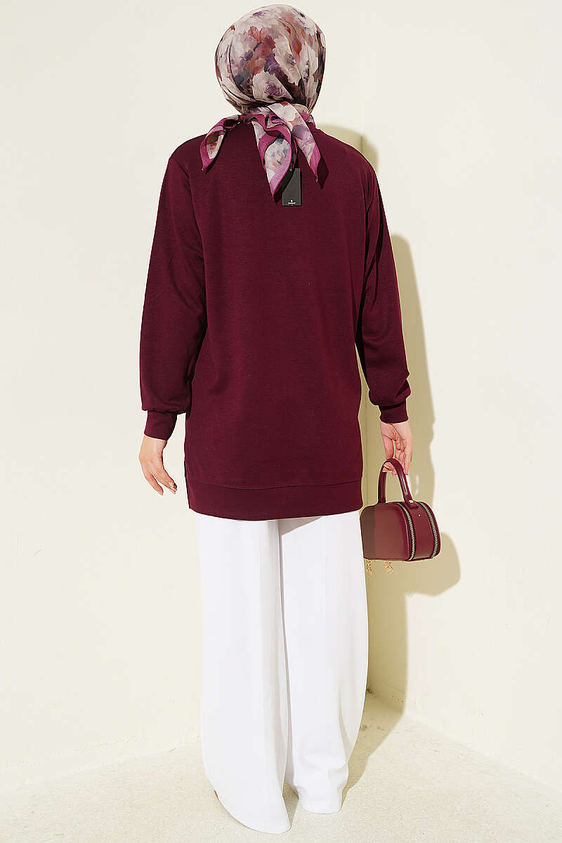 Front-Embellished Rose Appliqué French Terry Tunic Plum – Bild 3