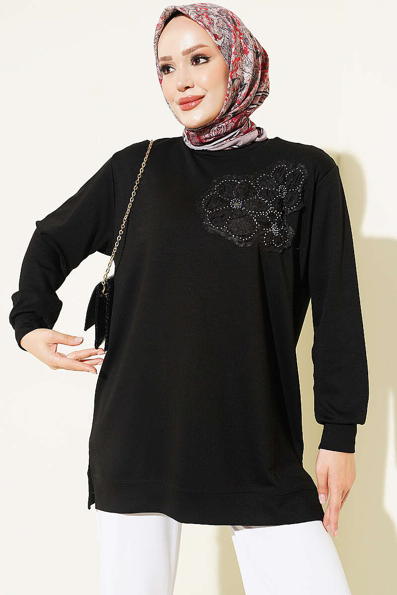 Front-Embellished Rose Appliqué French Terry Tunic Black