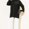 Front-Embellished Rose Appliqué French Terry Tunic Black - Imagen 2