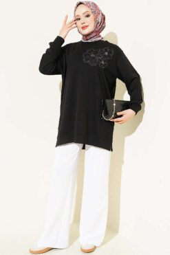 Alternative view of Front-Embellished Rose Appliqué French Terry Tunic Black