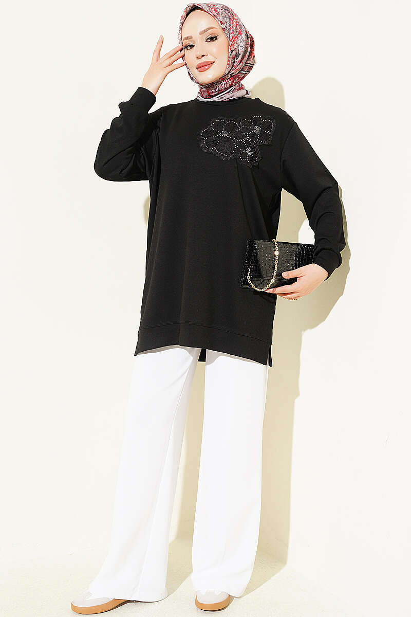Front-Embellished Rose Appliqué French Terry Tunic Black - Imagen 2
