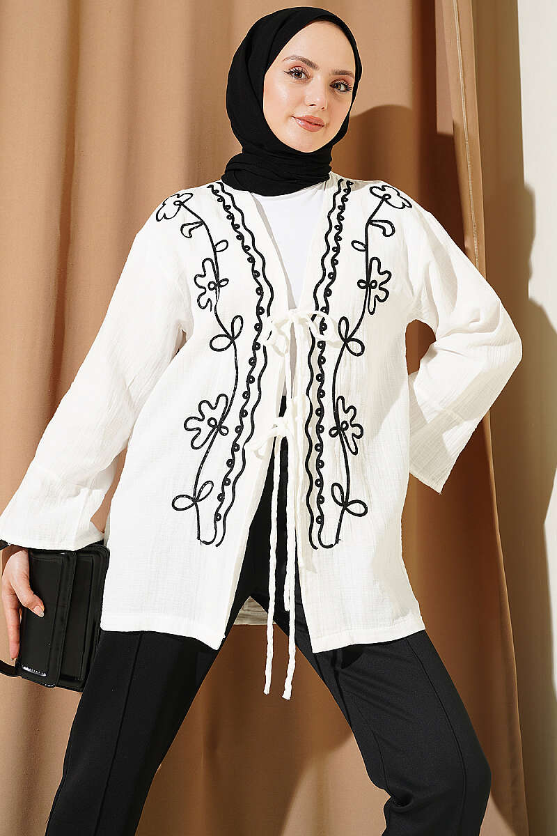 Embroidered Tied Muslin Kimono Ecru