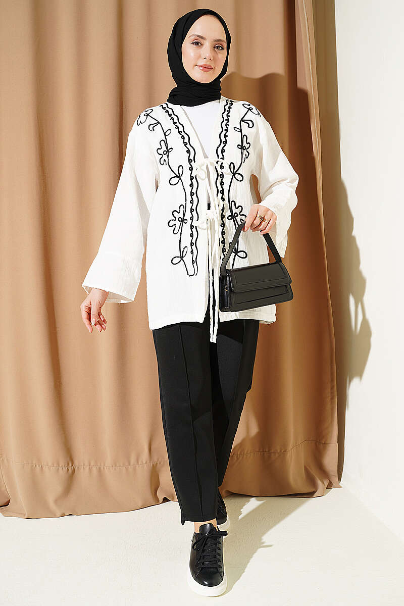 Embroidered Tied Muslin Kimono Ecru - immagine 2