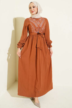 Embroidered Front Banded Cuff Dress Tan