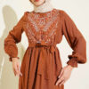 Embroidered Front Banded Cuff Dress Tan – Image 2