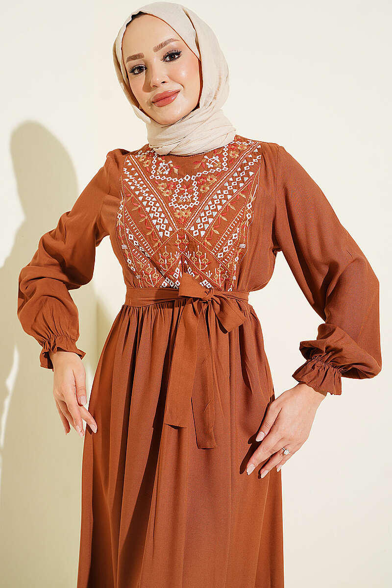 Embroidered Front Banded Cuff Dress Tan – Image 2