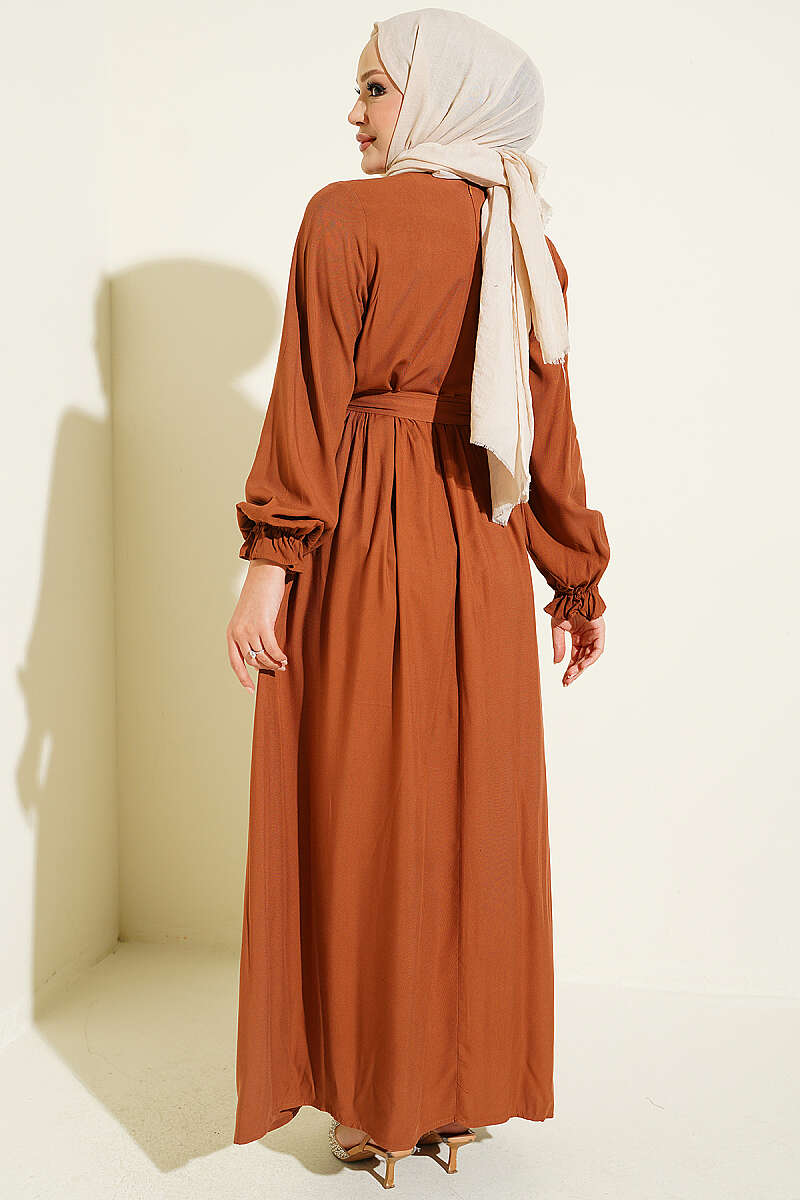 Embroidered Front Banded Cuff Dress Tan – Image 3